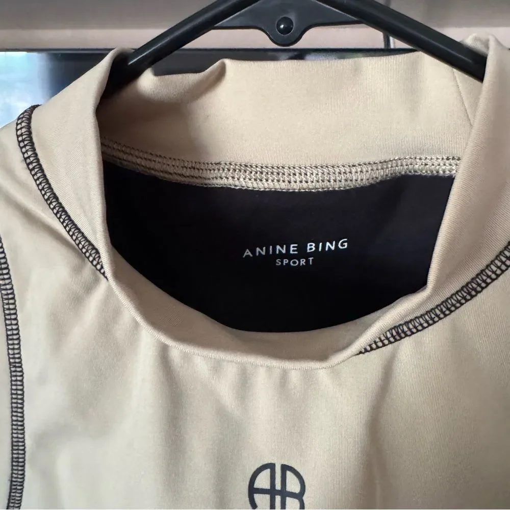 Anine Bing Jenna Sports Bra Tan Black Mock High Neck Sporty New Size Large